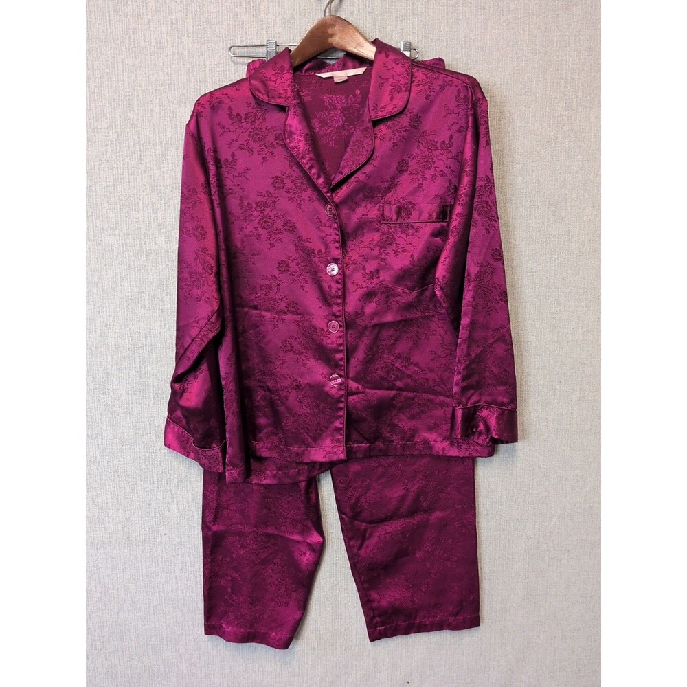 Victoria's Secret Fuschia Pink Satin Floral Brocade Pajamas‎ Women's Size Large